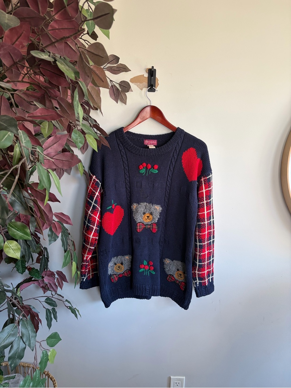 Bronte Navy Knit Sweater with Red Plaid Sleeves and Appliqués